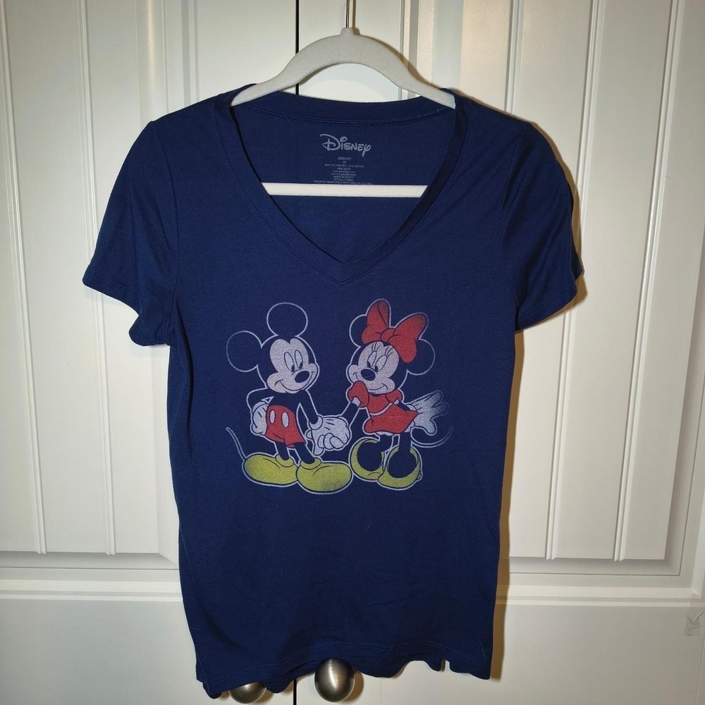 Disney Mickey Minnie Mouse Navy Blue V-Neck Graphic Tee Shirt JT16980 Womens M